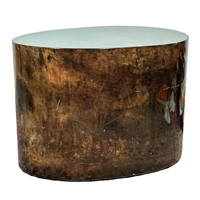 LACQUERED FIGURED WOOD SIDE TABLE | Having an oblong shape, mid-century wood side table with acrylic coating - h. 19 x w. 19 x l. 26 in
