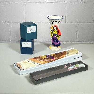 (4pc) MIXED JUDAICA | Including: New in box porcelain handles Sheffield England challah knife, porcelain kiddish cup, and pair of New in...