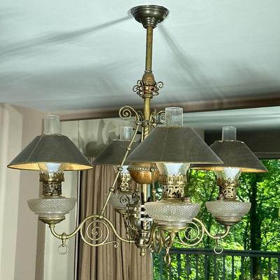 4 LIGHT ELECTRIFIED OIL LAMP CHANDELIER | Copper & brass 4 light electrified chandelier Dimensions: h. 32 x w. 32 x l. 32 in
