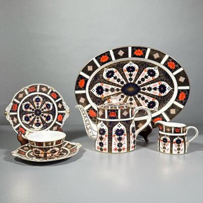 (6pc) Royal Crown Derby Imari Pattern Tea Set | Including teapot creamer sugar bowl 2 side plates Serving platter - h. 8 x w. 3 x l. 11 x...
