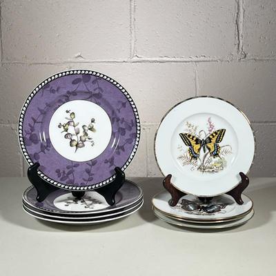 (8pc) Plates | 4 different butterfly dessert plates marked Western Germany, 4 matching Lenox purple plates with eucalyptus in the center...
