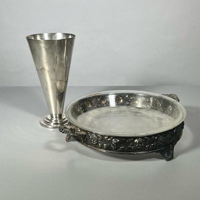 (2pc) SILVER PLATE ITEMS | Including: Silver plate vase? And silver plate pie dish with Pyrex glass insert Dimensions: h. 3 x dia. 11 in...
