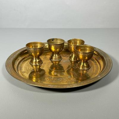 TURKISH COFFEE CUPS & PLATTER | Set of 4 brass Turkish coffee cups with matching platter - h. 1 x dia. 12.25 in (platter)
