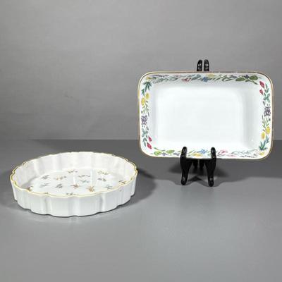(2pc) Serving Dishes | One round scalloped quiche dish with petite floral design. Oblong white dish with bright floral trim. - h. 1.75 x...