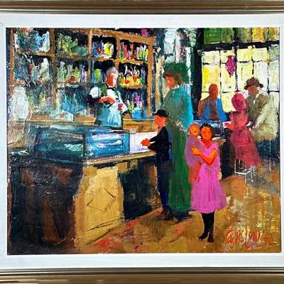 TED JASLOW (20TH/21ST CENTURY) OIL PAINTING | Drug Store. Oil on board. 30 x 36 in. Board. Signed & dated lower right - h. 37 x w. 43...