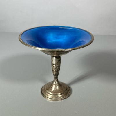 TOWLE ENAMELED STERLING SILVER CANDY DISH COMPOTE | Towle sterling compote with blue enamel decoration. - h. 6 x dia. 6.5 in
