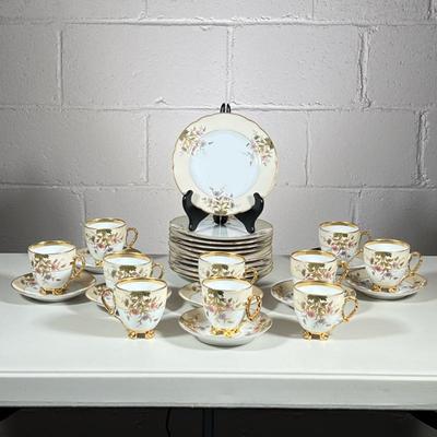 (29pc) WALTER KARISHAD DISHES | Including: 11 dessert plates, 10 teacups, and 8 saucers - dia. 7.5 in (dessert plates)
