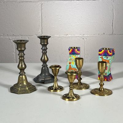 (6pc) BRASS SHABBAT CANDLESTICKS | 3 pairs of brass Shabbat candlesticks including: Tree of Life candlesticks, Israeli candlesticks, and...
