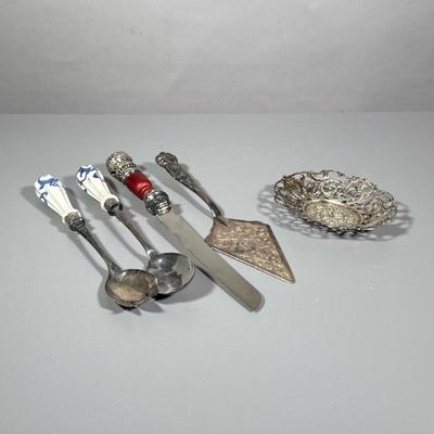 (6pc) Miscellaneous Silver | Salad serving pieces with porcelain handles, large sterling and wood handled challah knife marked 925,...