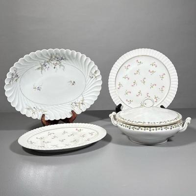 (4pc) Serving Pieces | 3 Limoges white plates/platters with delicate flowers. Compatible tureen with handles and gold trim. - w. 10 x l....
