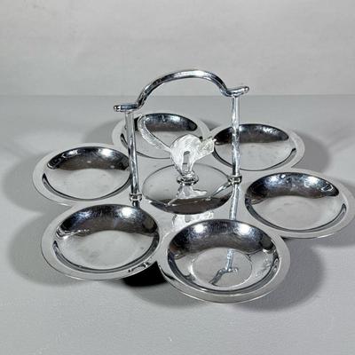 Serving Piece | 6-sectioned metal nut/candy serving tray with cat under handle on three feet. - h. 8 x dia. 15 in
