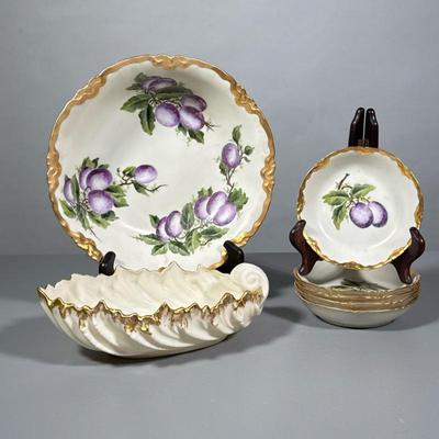 (7pc) Bowls | Medius sized bowl with gilt trim and purple grapes with 5 matching small bowls. Lenox oblong serving bowl. - h. 2.25 x dia....