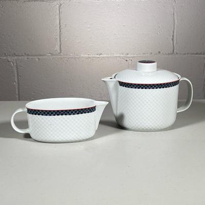 (2pc) Tea Pot And Creamer | Marked Made in West Germany. White with checkered trim. - h. 6 x w. 8 in
