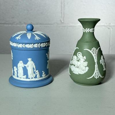 (2pc) Wedgewood Blue Jasperware | Includes a vase and covered jam pot - h. 4 x w. 3 x d. 3 in
