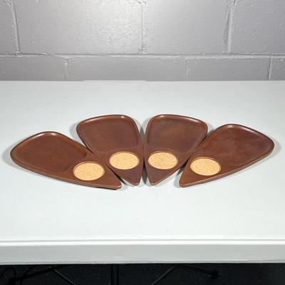 (4pc) Snack Trays | MCM Teak wood individual trays with cork drink coaster. - w. 5 x l. 10 in
