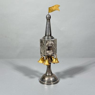 800 SILVER BESAMIN | Judaica 800 Silver besamin or Spice Tower with brass bells & flag, stamped on rim “800” - h. 7.5 x dia. 2 in
