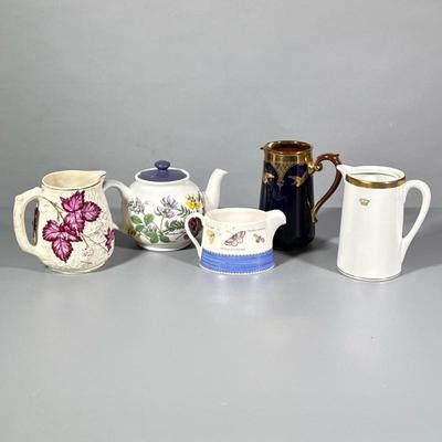 (5pc) Small Pitchers | Including one Sadler England tea pot, white and purple leaf with gold trim pitcher, dark blue and gold made in...
