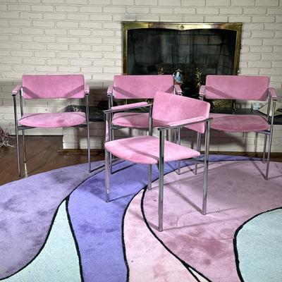 (4pc) STENDIG ALUMINUM ARMCHAIRS | Having magenta upholstery & chromed aluminum frame, marked on bottom “STENDIG / Made in Finland”...