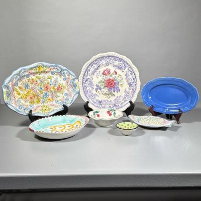 (7pc) Pottery | Two fish dishes one large and one small, small bowl with cherries, small trinket polka dot bowl, two oblong dishes in...