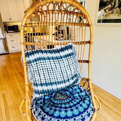 Sale Photo Thumbnail #22: Serena & Lily Hanging Rattan Chair - $190 A hand-bent rattan frame and scooped seat for a floating effect. Hand-bent rattan. Natural has a clear lacquer finish. White has a painted finish. Intended for indoor use.
30"W x 29"D x 44"H overall.
13.5'L heavy-