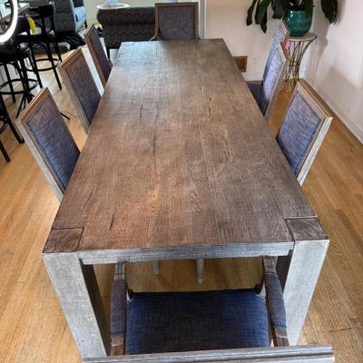 Sale Photo Thumbnail #17: Restoration Hardware Reclaimed Oak Parsons  
 Rectangular Dining Table.  Restoration Hardware 8-person dining set. Table is 9' x 3'3" gray oak. 8 chairs are gray upholstered $2,600