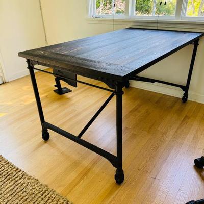 Sale Photo Thumbnail #18: Restoration Hardware Flatiron reclaimed wood desk - $450 - Rustic reclaimed wood desk/table w/industrial pipe legs and X design in center. Please note: there has been some wear on the top of the desk - Dimensions = 60x34x30