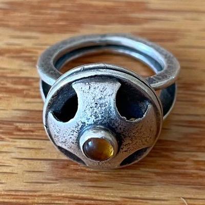 Silver Toned Ring With Yellow Stone.