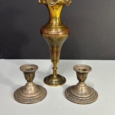 Silver Plate Candle Holders and Brass Vase