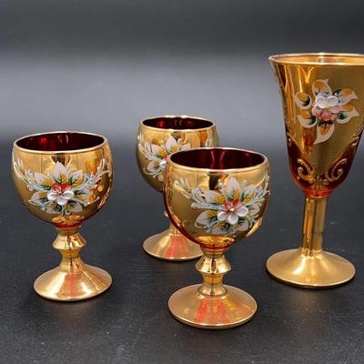 Vintage Bianealani Murano Venetian Red Interior Glass Goblets - HAND PAINTED