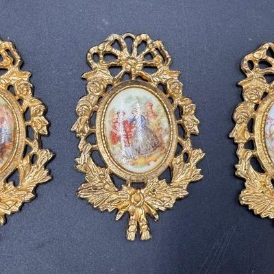 Set 3 Vintage Courting Couples Fragonard Porcelain Cameo Wall Hangings