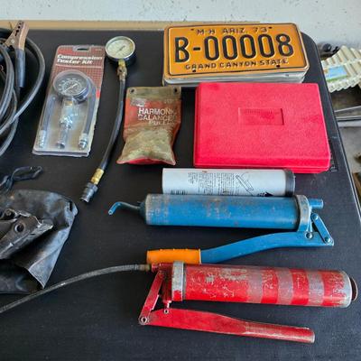 Automotive tools, vintage license plates