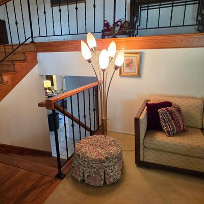 Mid century ottoman, mid century modern tulip floor lamp