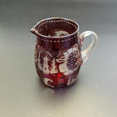 Lot #112 - Antique Egermann Czech Bohemian Cut-to-Clear Cranberry Pitcher