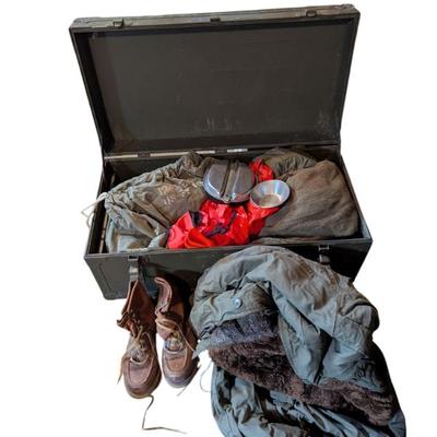 Lot #229 - 1949 Doehler Military Foot Locker US Army Air Force WWII USAF Fur Lined Flight Pants/Jacket, Boots, Mittens, Cook Set