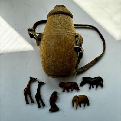Lot #183 - African Kenya Goat Skin Wood Carved Water Carrier Canteen Jug & Mini Carved Wood Safari Animals
