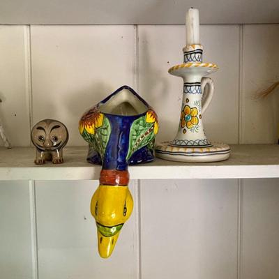 Lot #181 - Vintage Mexican Talavera Pottery Duck Planter, Candle Holder, Lion