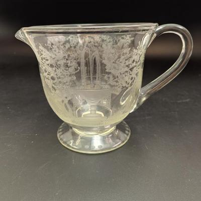 Lot #116 - Etched Glass Pitcher with People, Fountains, Gate and Trees