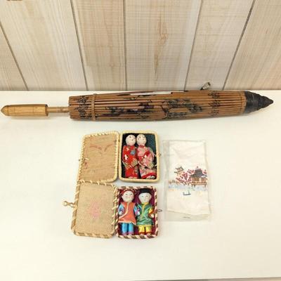 Lot #67 - Oiled Chinese Paper Umbrella & Silk Handkerchief, & Japanese Ichimatsu Bisque Doll Sets