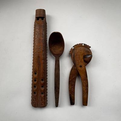 Lot #175 - Vintage Handmade Wooden Items: Instrument, Spoon, Nutcracker