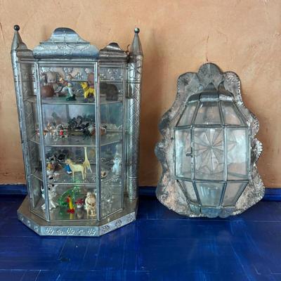 Lot #198 - Vintage Tin & Glass Display Cabinet With Tchotchkes and Tin/Glass Wall Sconce