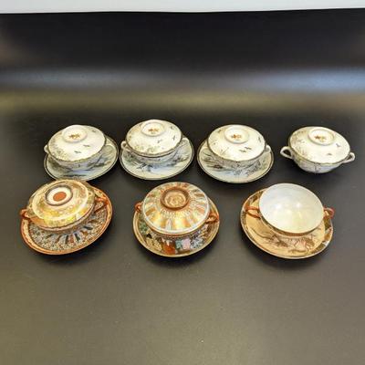 Lot #114 - Antique Japanese Kutani Tea Cups & Saucers, Plus Japanese Satsuma 1000 Faces Tea Cups & Saucers