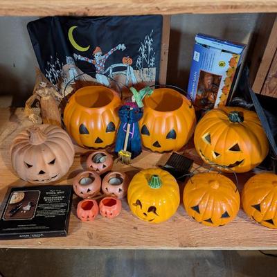 Lot #241 - Halloween Decorative Items Lot Jack O Lanterns Pumpkin Carving Tools Witches Hat Lights Decor