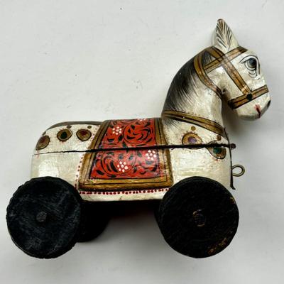 Lot #171 - Antique Wooden Rajasthani Horse on Wheels Hand Painted/Carved Marwari War Horse