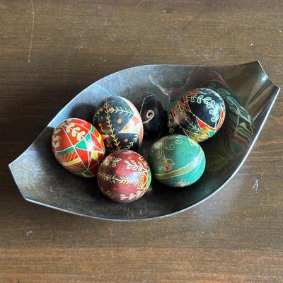 Lot #163 - Ukrainian Pysanky Easter Eggs in a Reed & Barton Silver Plated Bowl