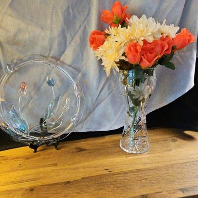 Vintage Hand-cut Lead Crystal American  Brilliant Period Vase & Crystal Cake Plate