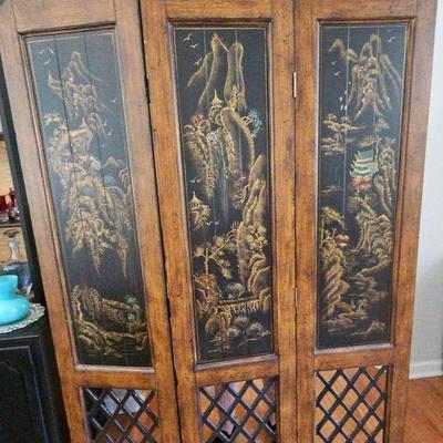 Three Panel hand painted mahogany screen divider