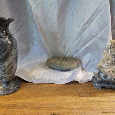 Gray soapstone carving, gray marble vase & Happiness rock paperweight