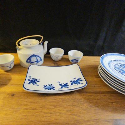 Blue And White Koi Fish Teapot And Cups Plus Other Blue And White  Porcelain  Dishes