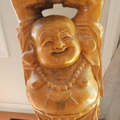 Large Vintage Laughing Wood Carved Budha