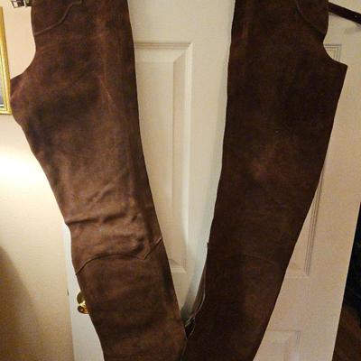 Brown Suede Leather Chaps With Filligreed Rimmed Silver Grommets